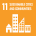 Icon representing Sustainable Development Goal 11: Sustainable Cities and Communities. It features three stylized white buildings of varying heights on an orange background, with the number 11 and text above.
