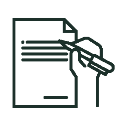 Line drawing of a hand holding a pen, writing on a sheet of paper with lines