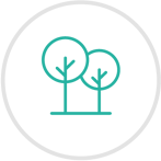 Green icon of two trees, inside of a grey circle