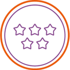 Purple icon of five stars (three on top, two on the bottom), inside of purple and red circles
