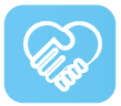 Illustration of two hands in a heart shape are shaking on a light blue background.