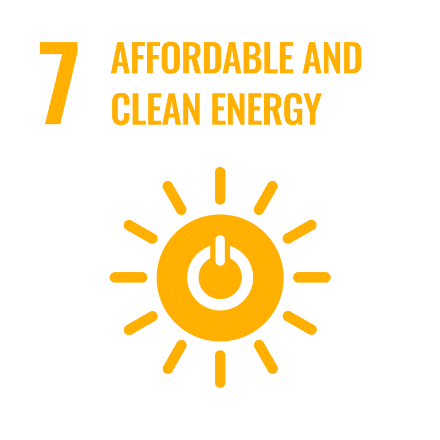Orange icon dipicting a sun with a power sign in the centre. The number seven and 'affordable and clean energy' is written above