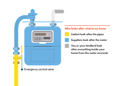 Illustration of a gas meter with labels explaining responsibilities: Cadent for pipes, suppliers for the meter, landlords/homeowners for indoor service.