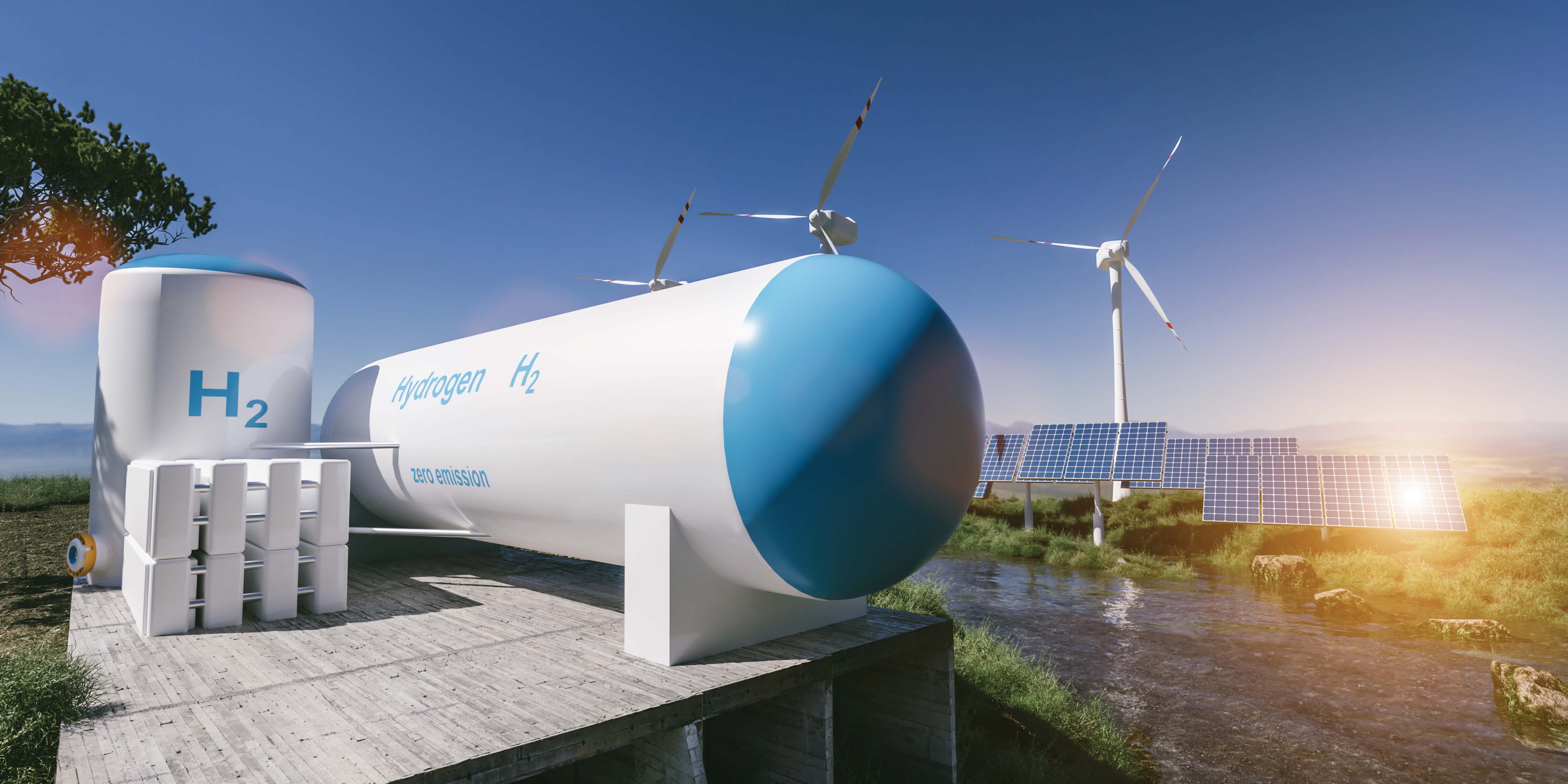 Hydrogen fuel storage tanks with solar panels and wind turbines in a sustainable landscape, promoting clean energy solutions.