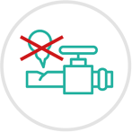 Green icon of a gas pipe and valve with a crack in the pipe and a red cross showing gas is not leaking, inside of a grey circle