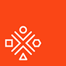 White abstract symbols on an orange background, representing connection and community through human figures and shapes.