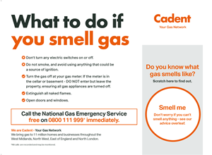 Infographic with safety tips for smelling gas, including not using electric switches, evacuating, and contacting the National Gas Emergency Service.