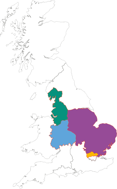 Map of the UK highlighting the five network areas covered by Cadent. Highlighted areas are: North West England in green, West Midlands in blue, North London in yellow and East of England in Purple