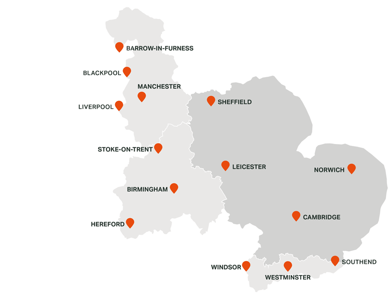 Map of the UK highlighting Cadent's regional networks with East Mids and East of England picked out. Featuring orange markers for cities including Manchester, Birmingham, Sheffield, and more, on a neutral background.