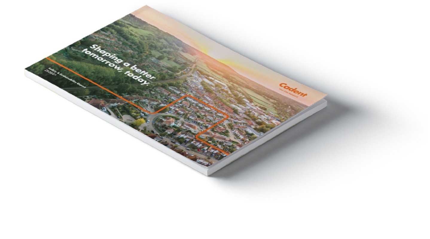 An angled view of a Cadent booklet titled 