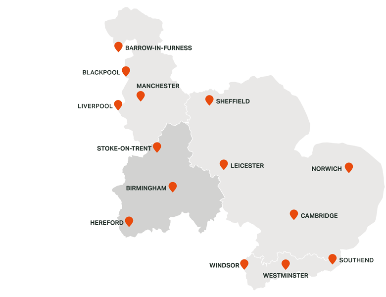 Map of the UK highlighting Cadent's regional networks with West Midlands picked out. Featuring orange markers for cities including Manchester, Birmingham, Sheffield, and more, on a neutral background.
