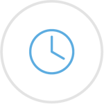 Blue icon of a wall clock at 4pm, inside of a grey circle