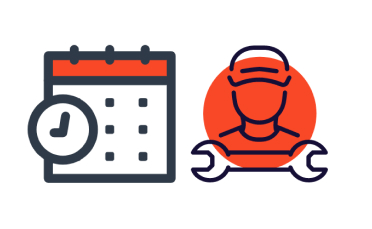 A calendar with a clock and a service technician holding a wrench