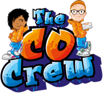 Colourful logo featuring two animated characters in orange hoodies with the text 