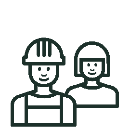 Two workers wearing safety helmets, one with a headset, stand side by side